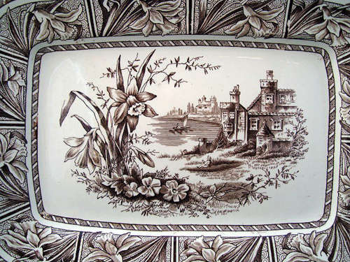 1882 ~ Brown Transferware Aesthetic Platter ~ DAFFODIL ~ Staffordshire