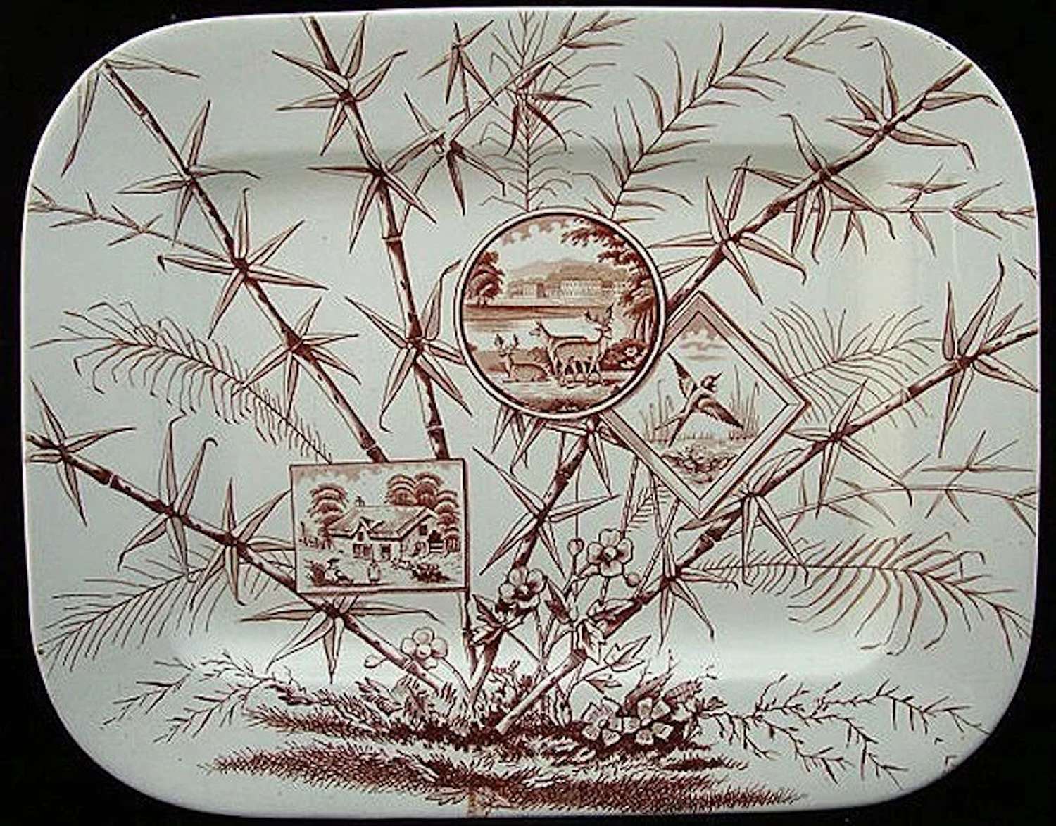 Large Aesthetic Movement Transferware Platter ~ Chatsworth Deer 1883