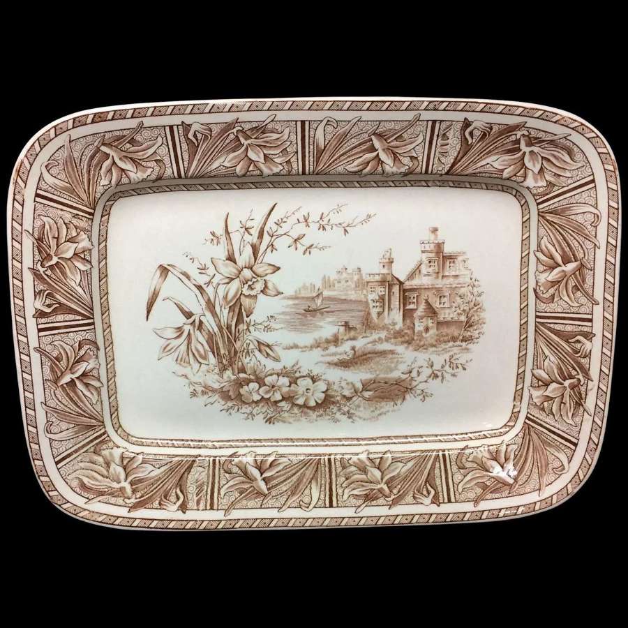 1882 ~ Large DAFFODIL Brown Transferware Platter Victorian English