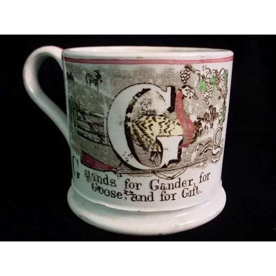 English Staffordshire Antique 1840 Child's ABC Mug ~ G + H