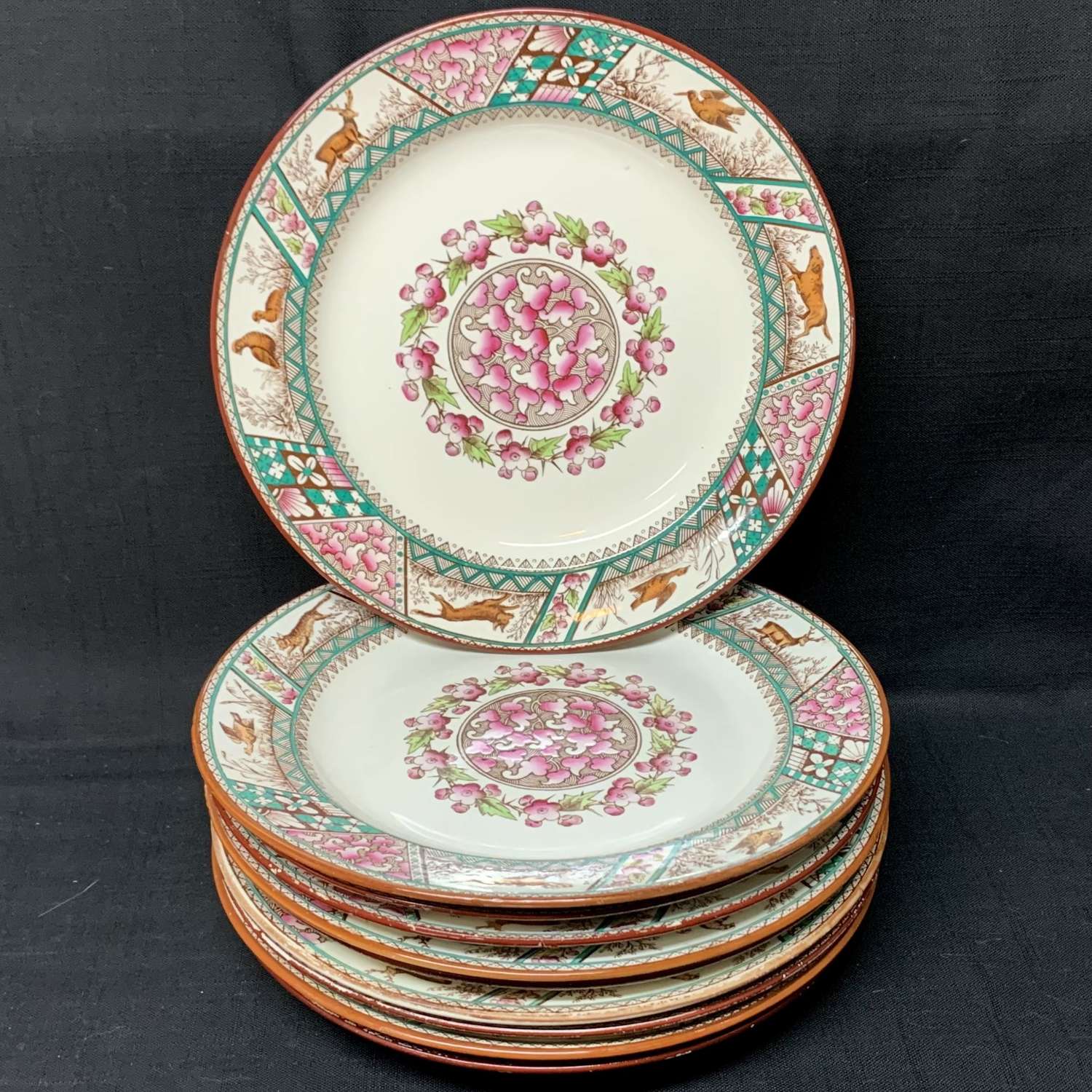TEN Polychrome Transferware Victorian Dinner Plates ~ FOX  HOUNDS 1880