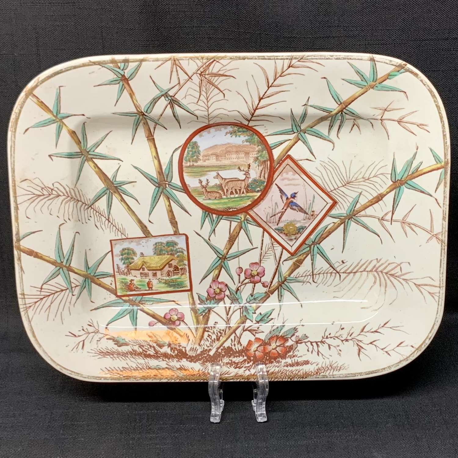 Polychrome Brown Transferware Platter ~ Deer + Birds 1883 Chatsworth