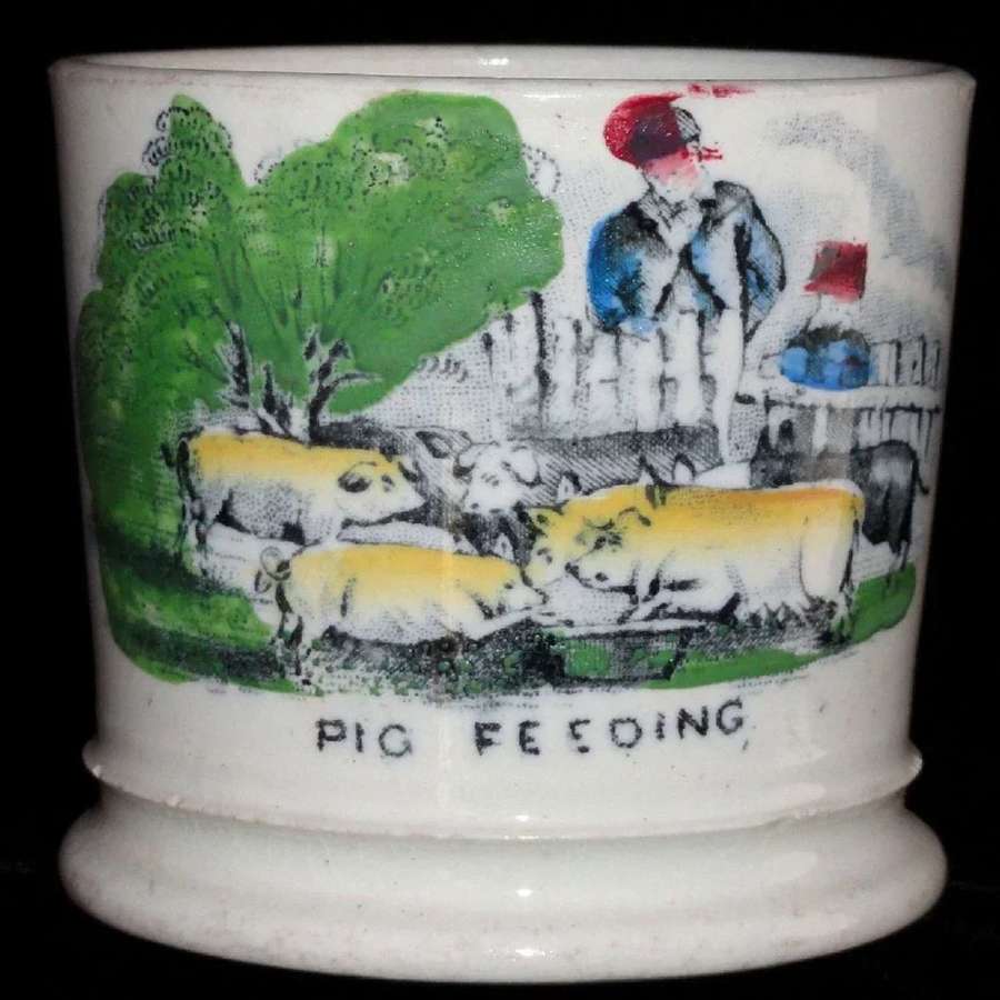 Early Childs Mug FEEDING PIGS Staffordshire Folk Art c1850 Polychome