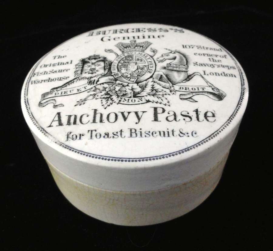 English Transferware Antique  ANCHOVY PASTE Pot and Lid 1885