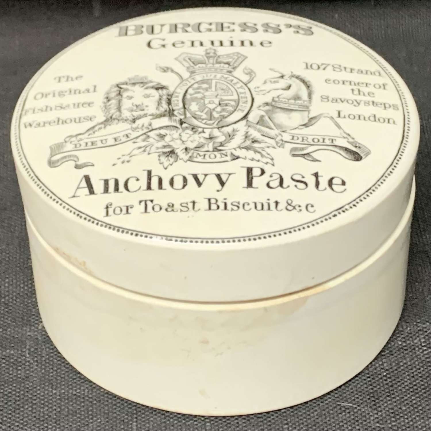 English Transferware Antique  ANCHOVY PASTE Pot and Lid 1885