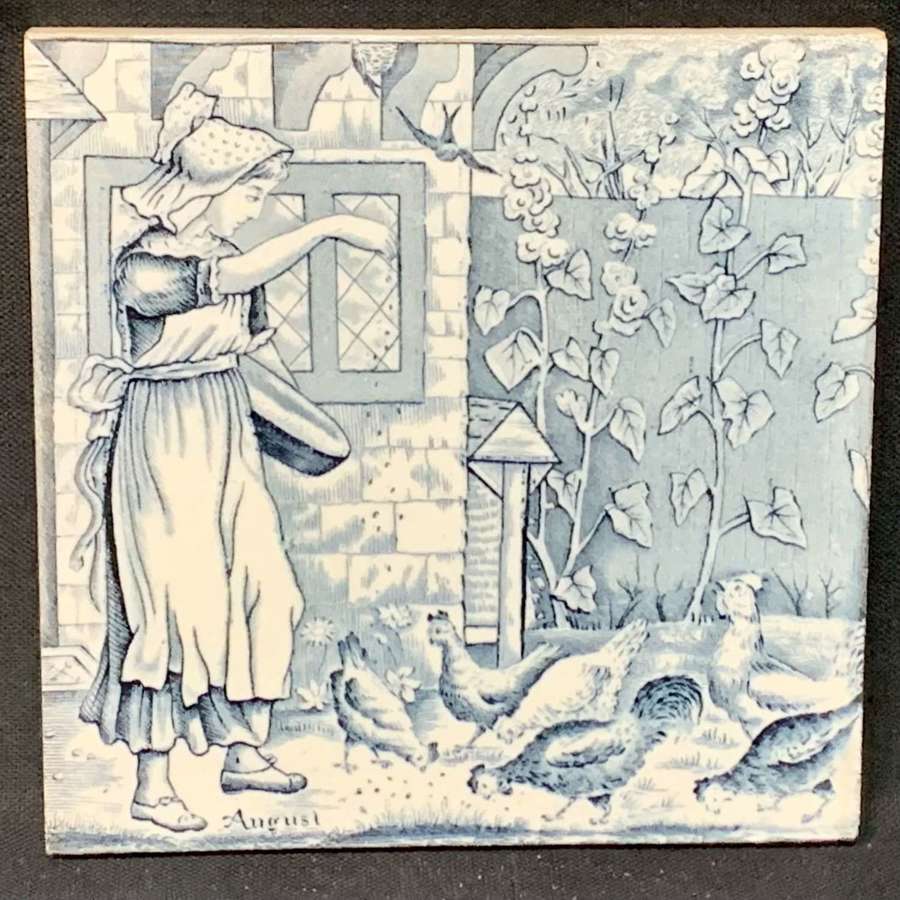 Medium Blue Tile ~ Wedgwood Months ~ AUGUST ~ Feeding Chickens ~ 1879