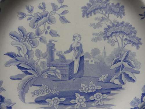 Pearlware Blue Transferware Plate ~ Girl at the Well ~ c1823