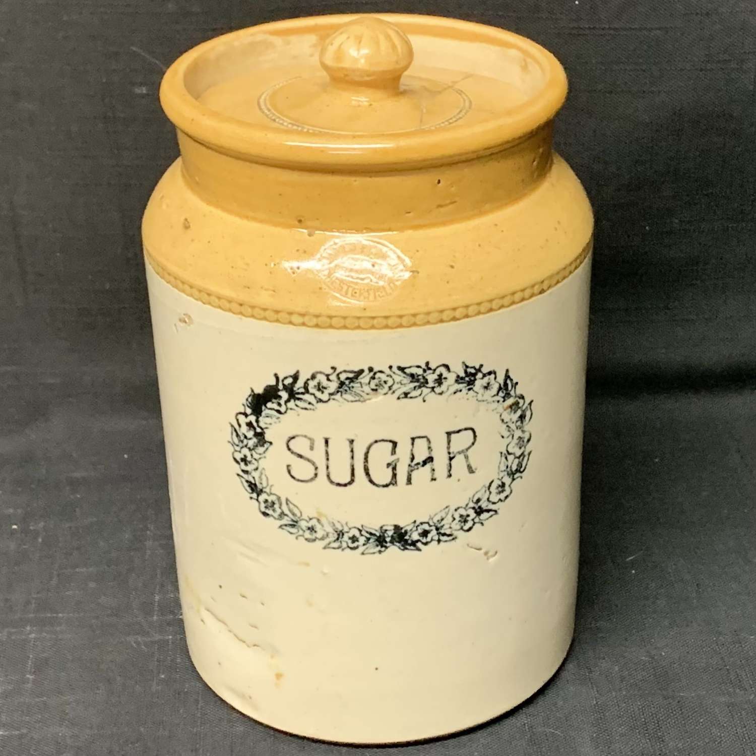 English Edwardian Stoneware Storage Jar with Lid ~ SUGAR ~ c 1880