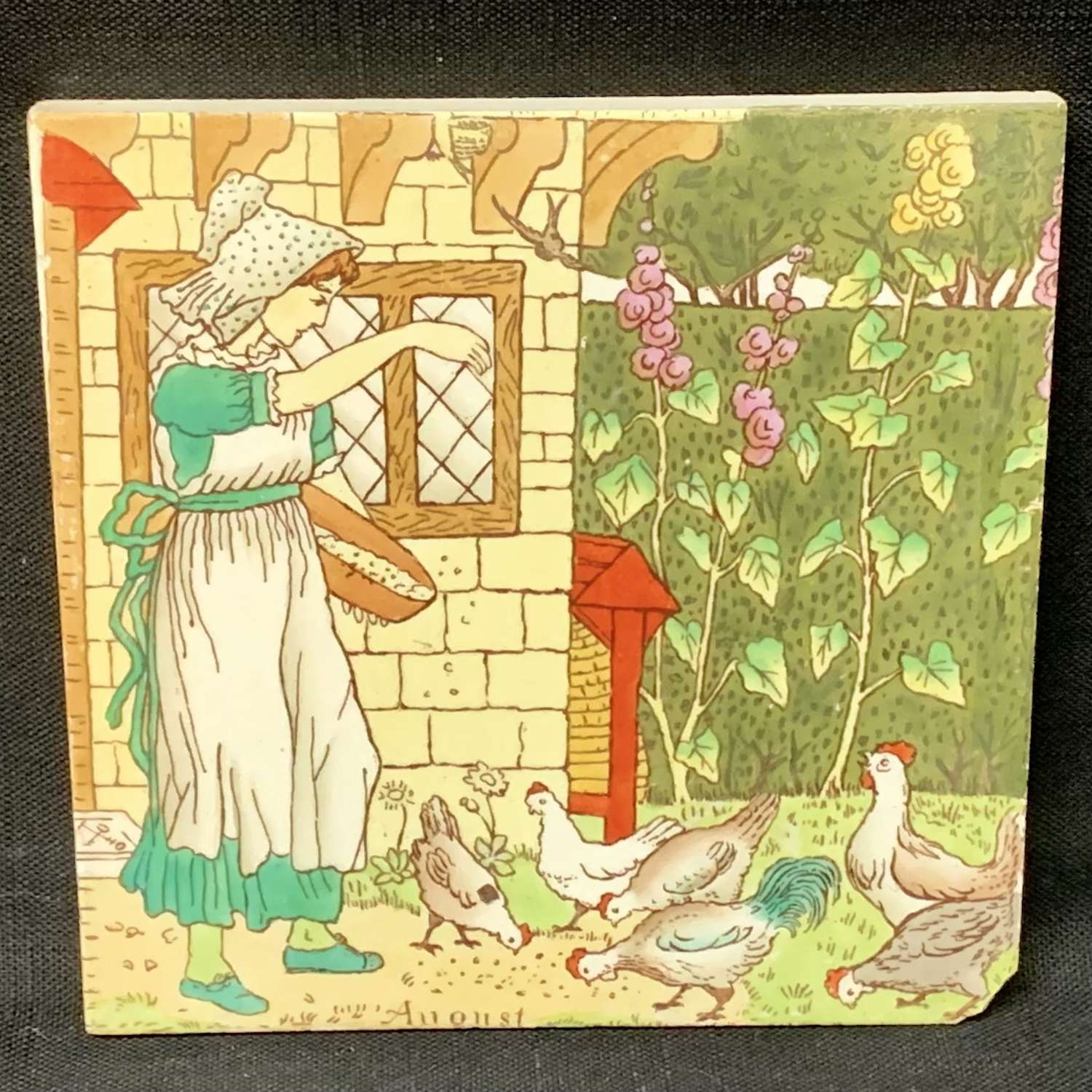 Polychrome Tile ~ Wedgwood Months ~ AUGUST ~ Feeding Chickens ~ 1879