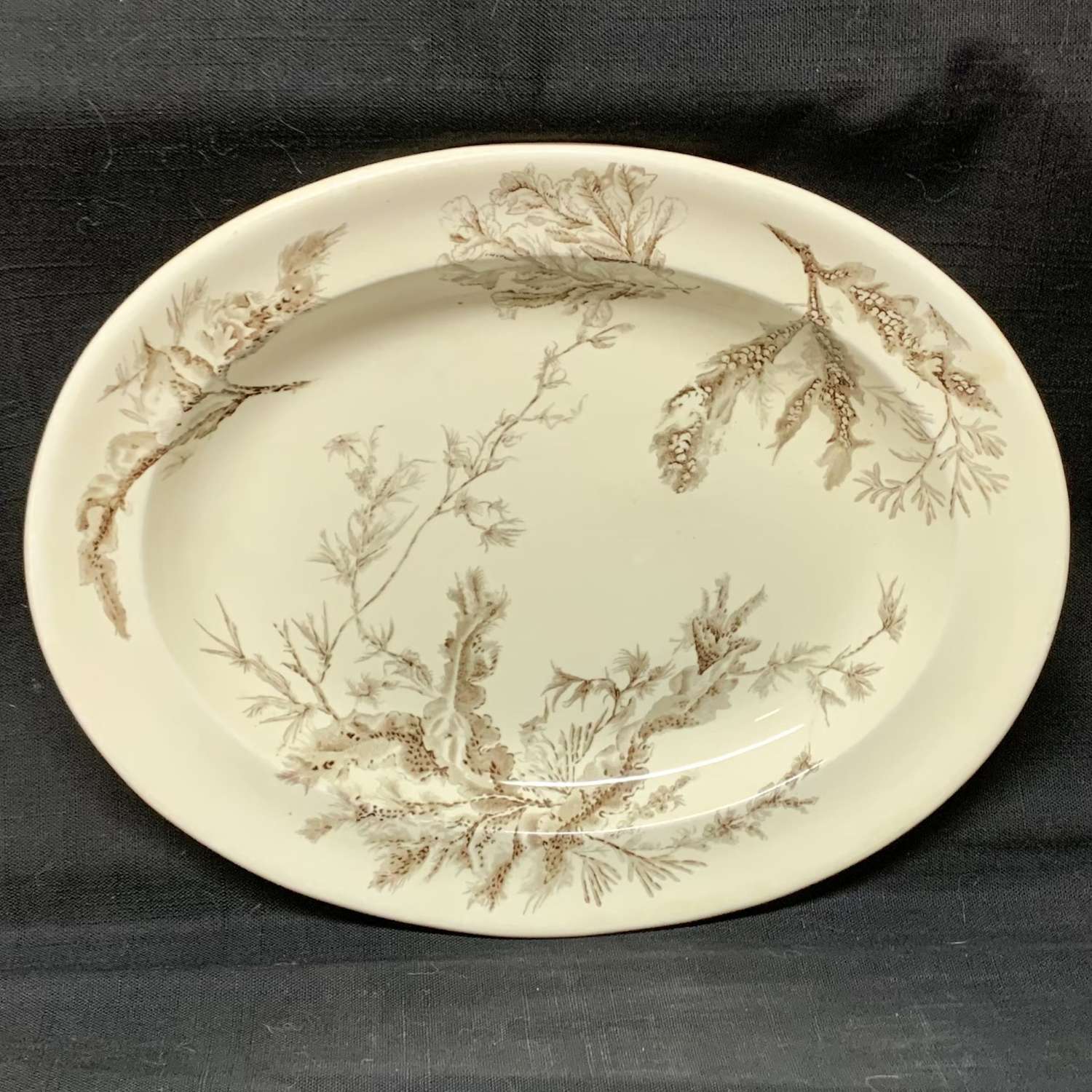 Aesthetic Dark Brown Transferware Platter ~ Seaweed 1883