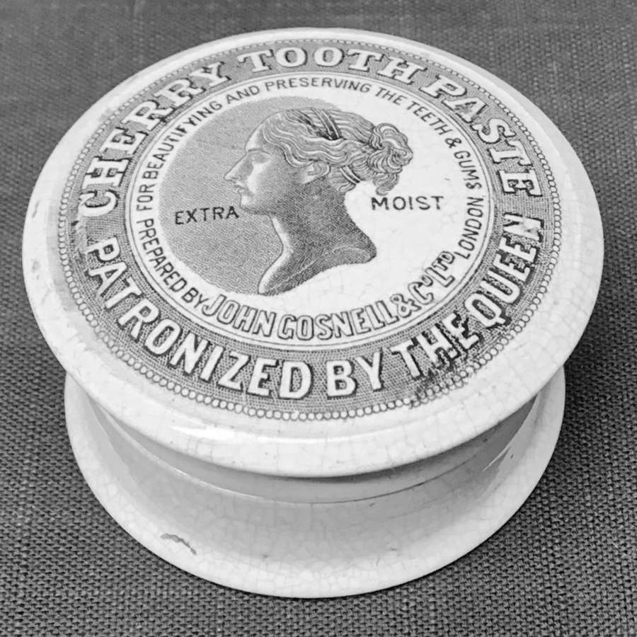 Black Transferware QUEEN'S Cherry Tooth Paste Pot ~ 1880