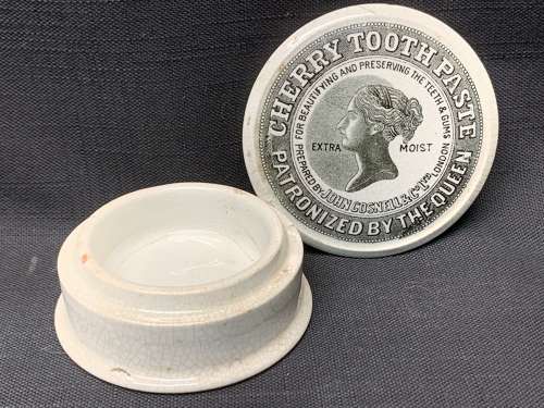 Black Transferware QUEEN'S Cherry Tooth Paste Pot ~ 1880