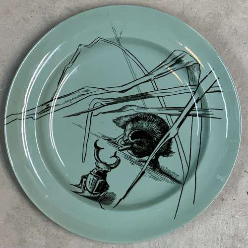 RARE Gustav Leonce Transferware Plate ~ Chick and Bug Standoff 1890