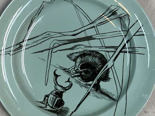 RARE Gustav Leonce Transferware Plate ~ Chick and Bug Standoff 1890