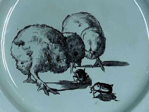 RARE Gustav Leonce Transferware Plate ~ Chicks and Beetles 1890