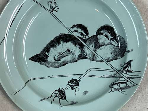 RARE Gustav Leonce Transferware Plate ~ Ducklings and Bugs 1890