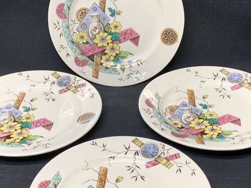 4 Aesthetic Movement Staffordshire Transferware Plates ~ SAIGON 1883