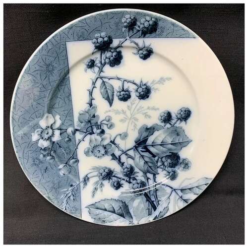 Mulberry Blue Transferware Botanical Fruit Plate ~ 1884 ~ Raspberries