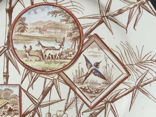 Polychrome Brown Transferware Chatsworth Plate ~ DEER in NATURE 1885