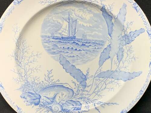 Victorian Blue Transferware Seashells Seaweed Plate ~ OCEANIC 1882