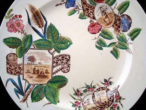 VERY LARGE BROWN TRANSFERWARE POLYCHROME PLATE 1887