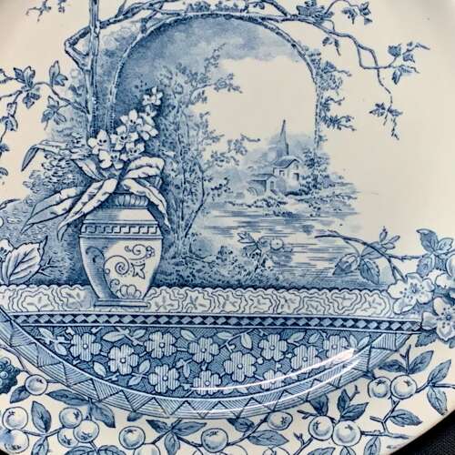 Blue Transferware Victorian Staffordshire Plate ~ Rustic 1886