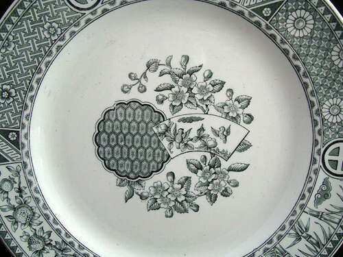 AESTHETIC GREEN TRANSFERWARE PLATE ~ LOVEBIRDS 1879