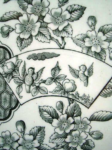 AESTHETIC GREEN TRANSFERWARE PLATE ~ LOVEBIRDS 1879