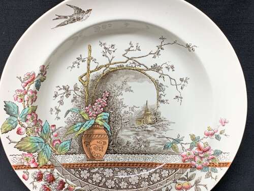 Polychrome BROWN TRANSFERWARE Bowl Plate ~ RUSTIC 1886