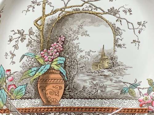 Polychrome BROWN TRANSFERWARE Bowl Plate ~ RUSTIC 1886