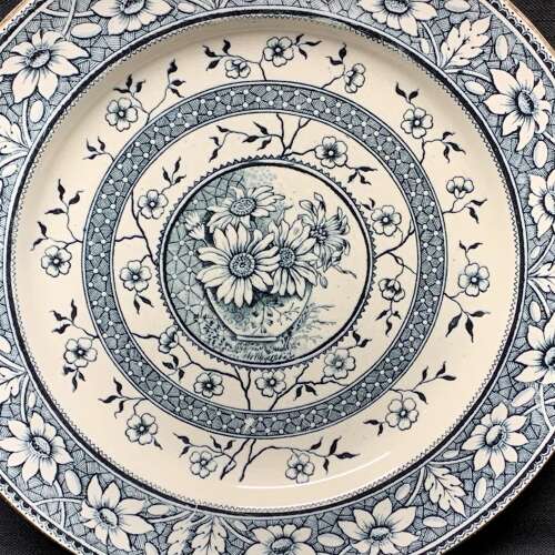 Very Large  Blue Transferware Plate ~ SUNFLOWERS PALMYRA 1883
