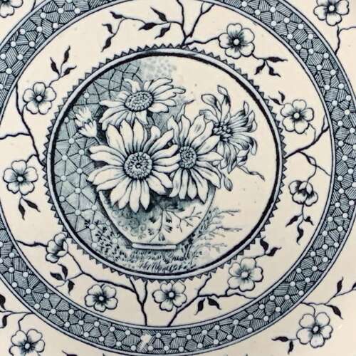 Very Large  Blue Transferware Plate ~ SUNFLOWERS PALMYRA 1883